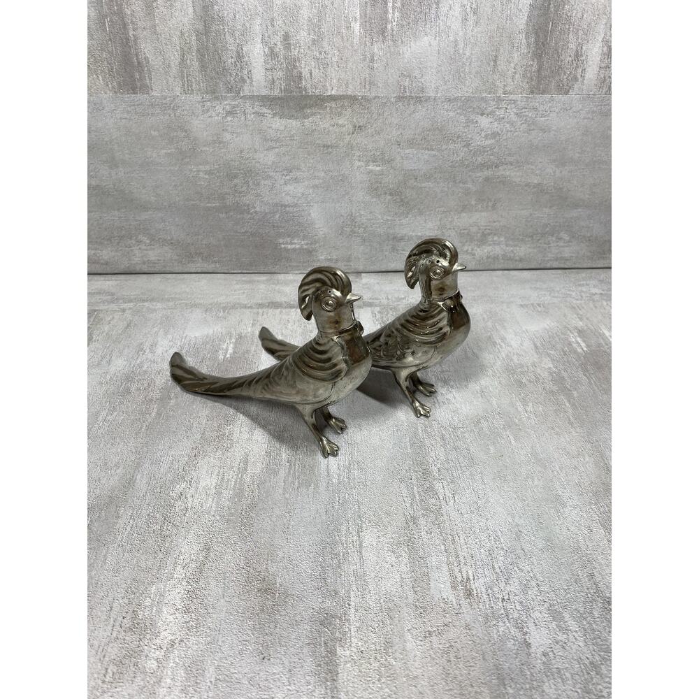 Pheasant Bird Salt & Pepper Shakers Pair Figurines Silver Tone Tabletop Decor